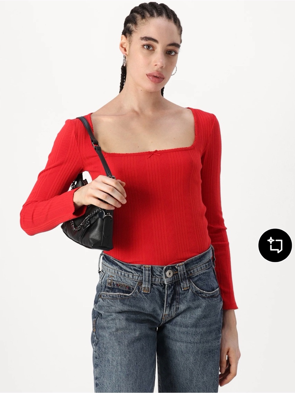 BDG Red Ribbed Square-Neck Long-Sleeve Top medium Y2K